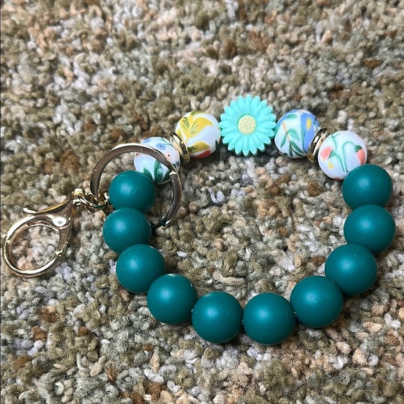 Wildflower Teal Green & White Keychain Bracelet Wristlet Silicone Beaded Gold - Picture 3 of 4